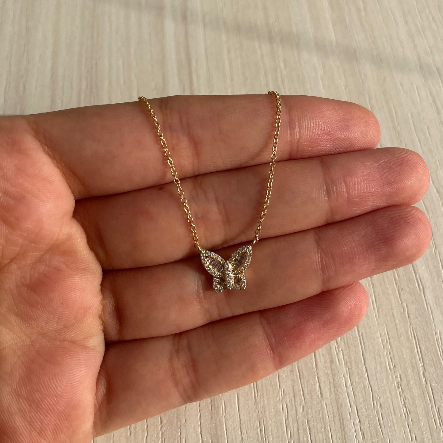 14k Gold & Baguette Diamond Butterfly Necklace - 0.20ct