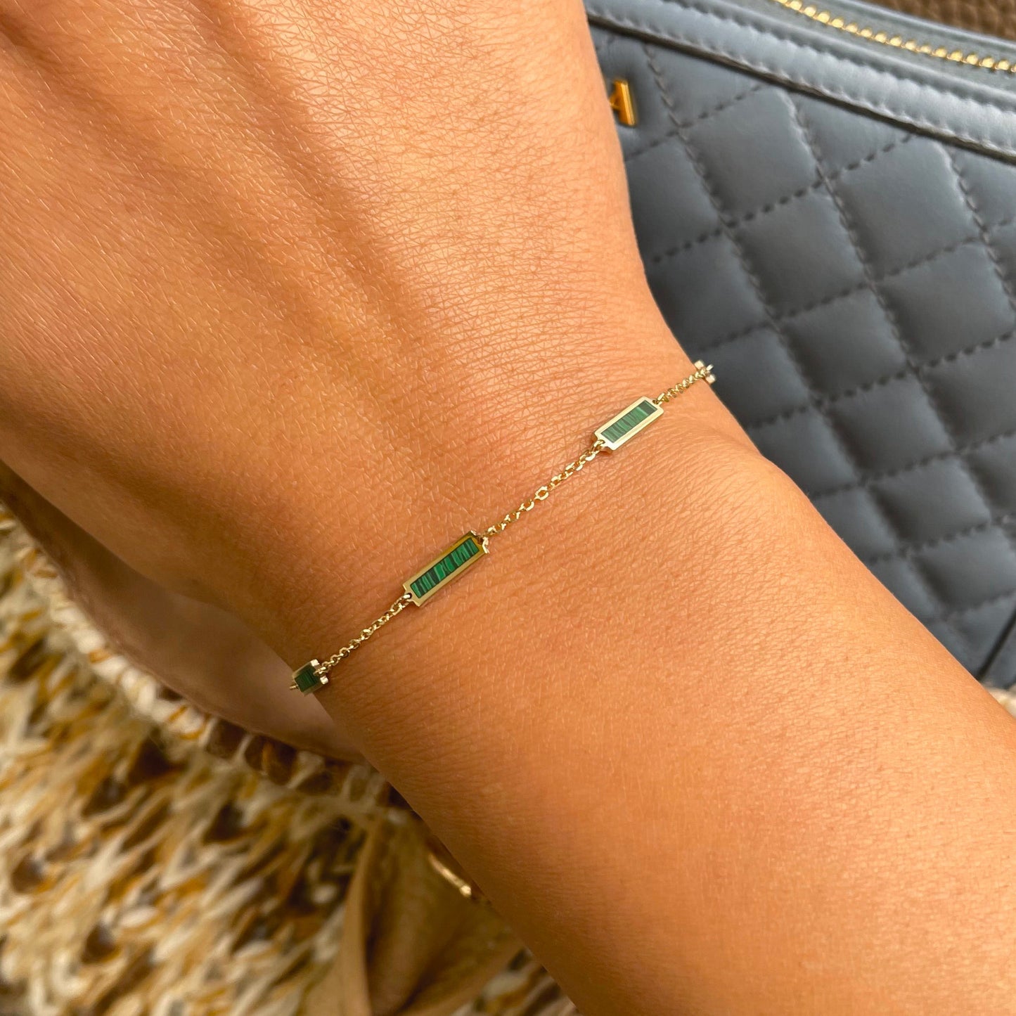 14k Gold & Malachite Station Bar Bracelet