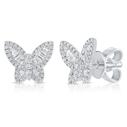 14k Gold & Baguette Diamond Butterfly Stud Earrings - 0.43ct