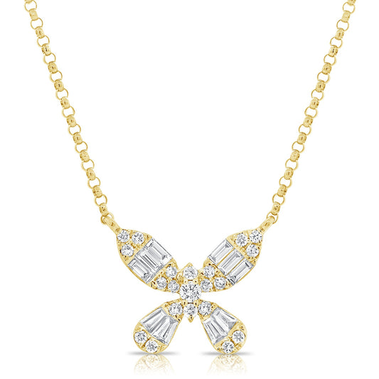 14k Gold & Baguette Diamond Butterfly Necklace - 0.38ct