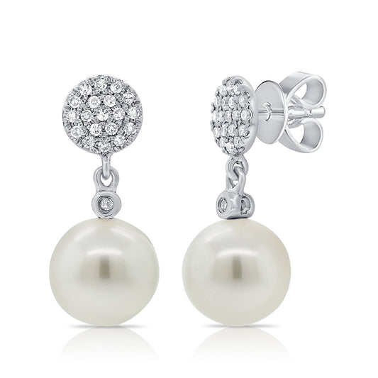 14k Gold Pearl & Diamond Dangle Stud Earrings - 0.10ct