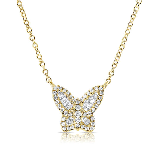 14k Gold & Baguette Diamond Butterfly Necklace - 0.20ct